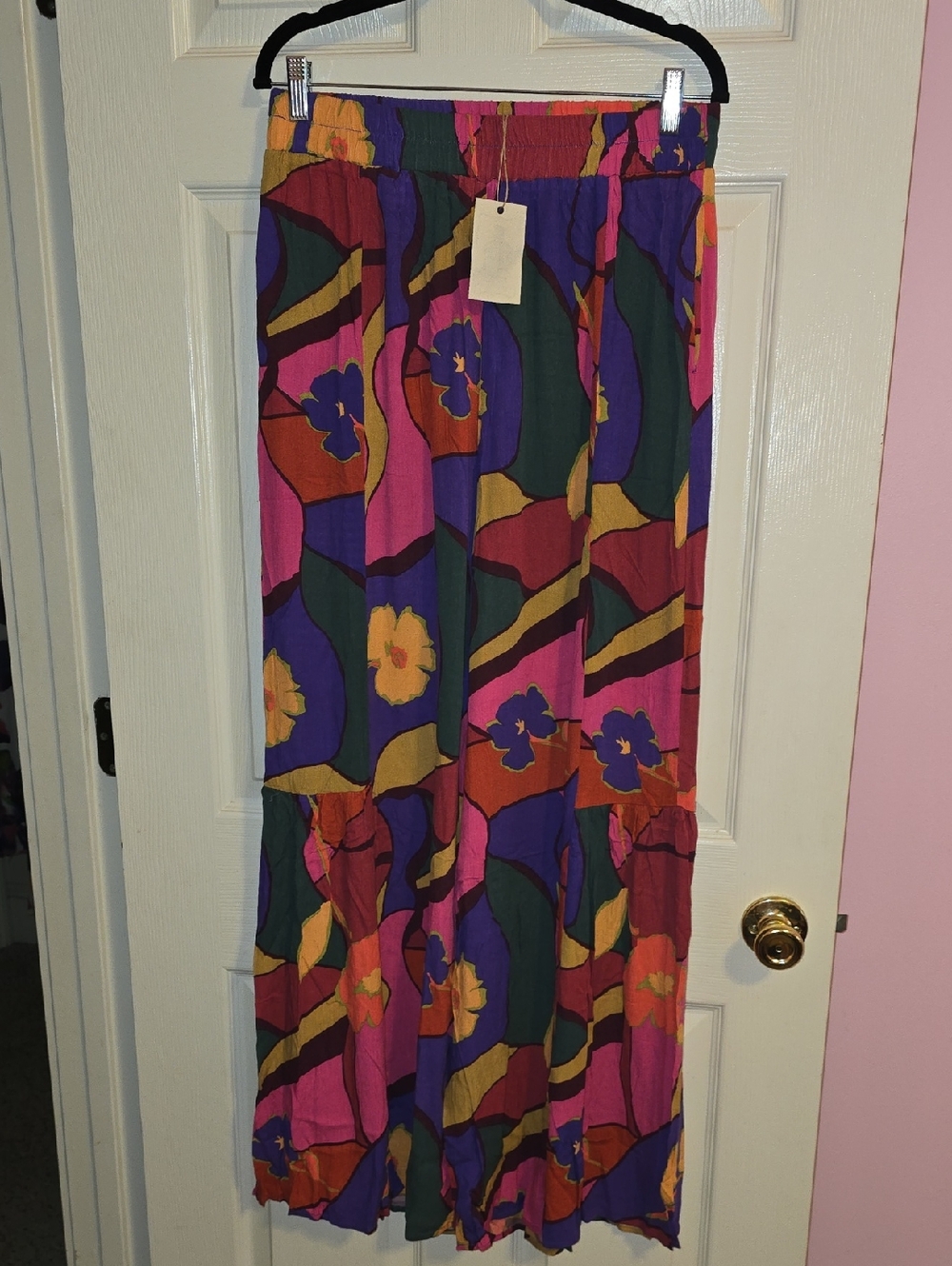 easel Bold Floral Wide-Leg Pants in Purple, Pink, Green, Yellow, Orange